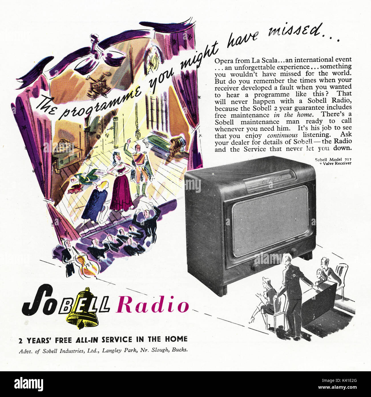 1940s vecchio vintage originale pubblicità pubblicità Radio Sobell nella rivista circa 1947 quando i materiali di consumo sono state ancora limitato sotto post-razionamento di guerra Foto Stock