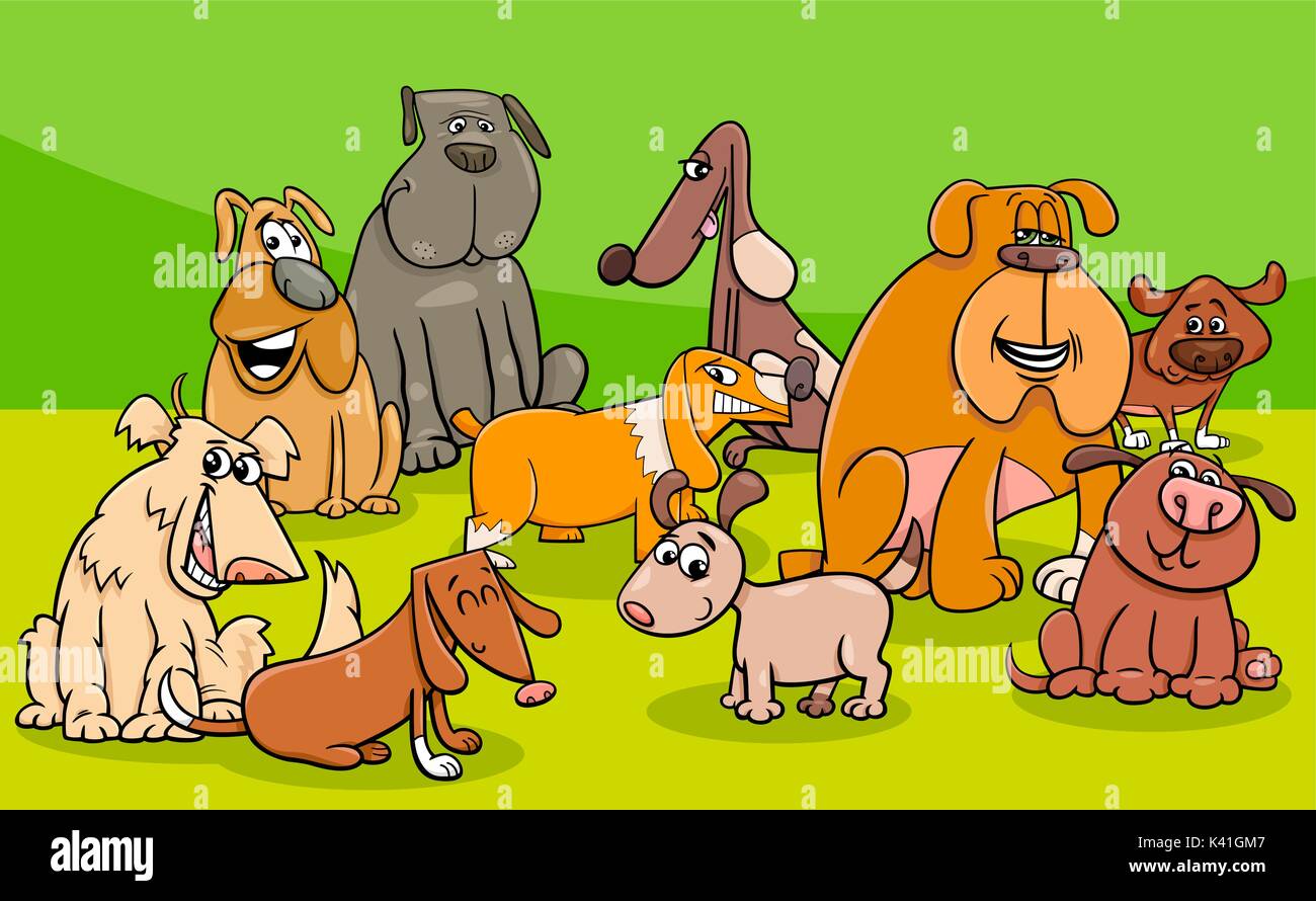 Illustrazione del fumetto di divertenti cani animale gruppo di caratteri Illustrazione Vettoriale