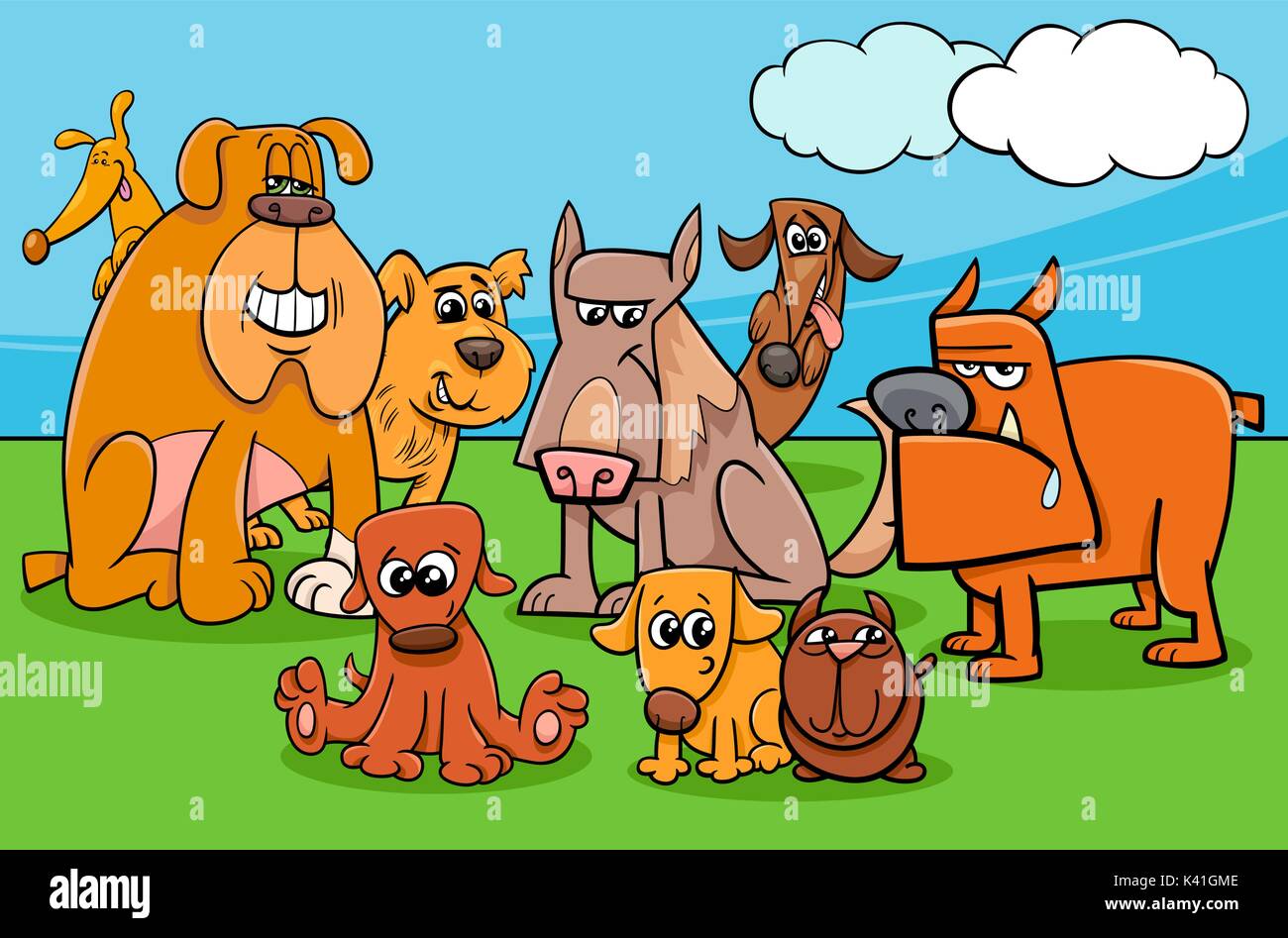 Illustrazione del fumetto di divertenti cani Animale domestico gruppo di caratteri Illustrazione Vettoriale