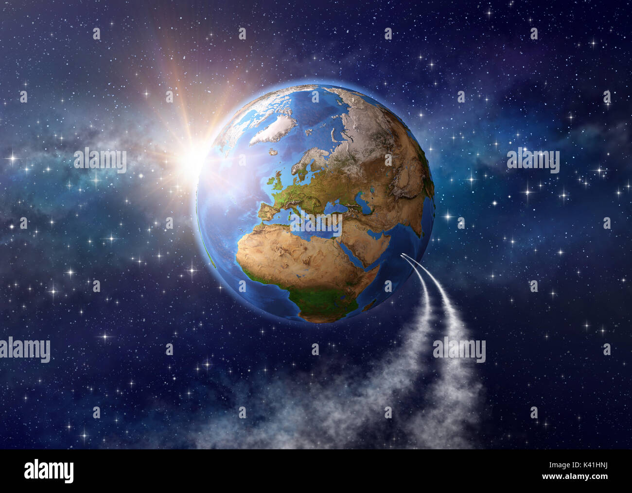 Astronavi atterraggio sul pianeta Terra, la luce del sole splende dietro nelle profondità dello spazio. Gli elementi di questa immagine fornita dalla NASA - 3D'illustrazione. Foto Stock