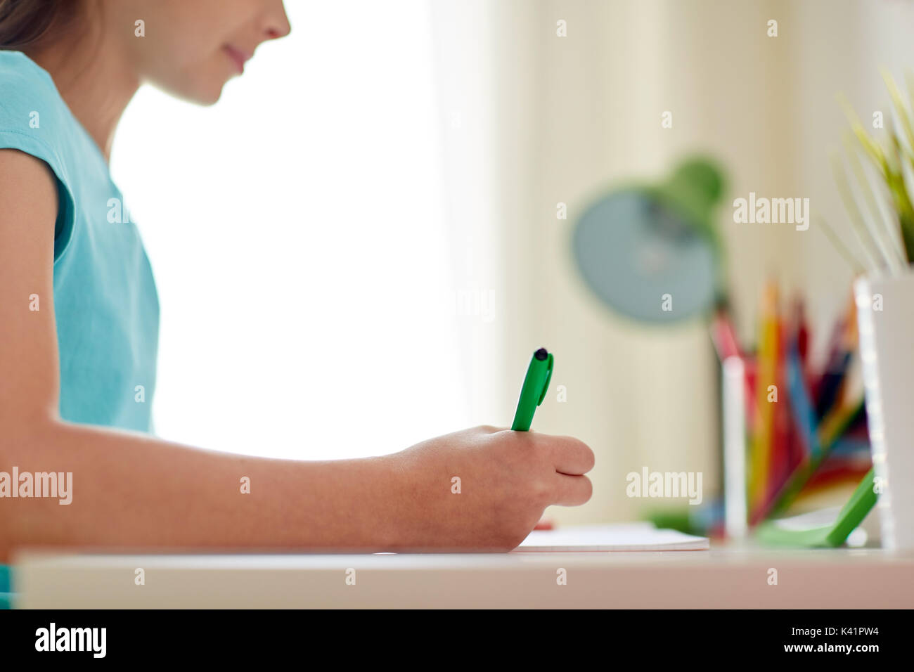 Happy girl iscritto al notebook a casa Foto Stock