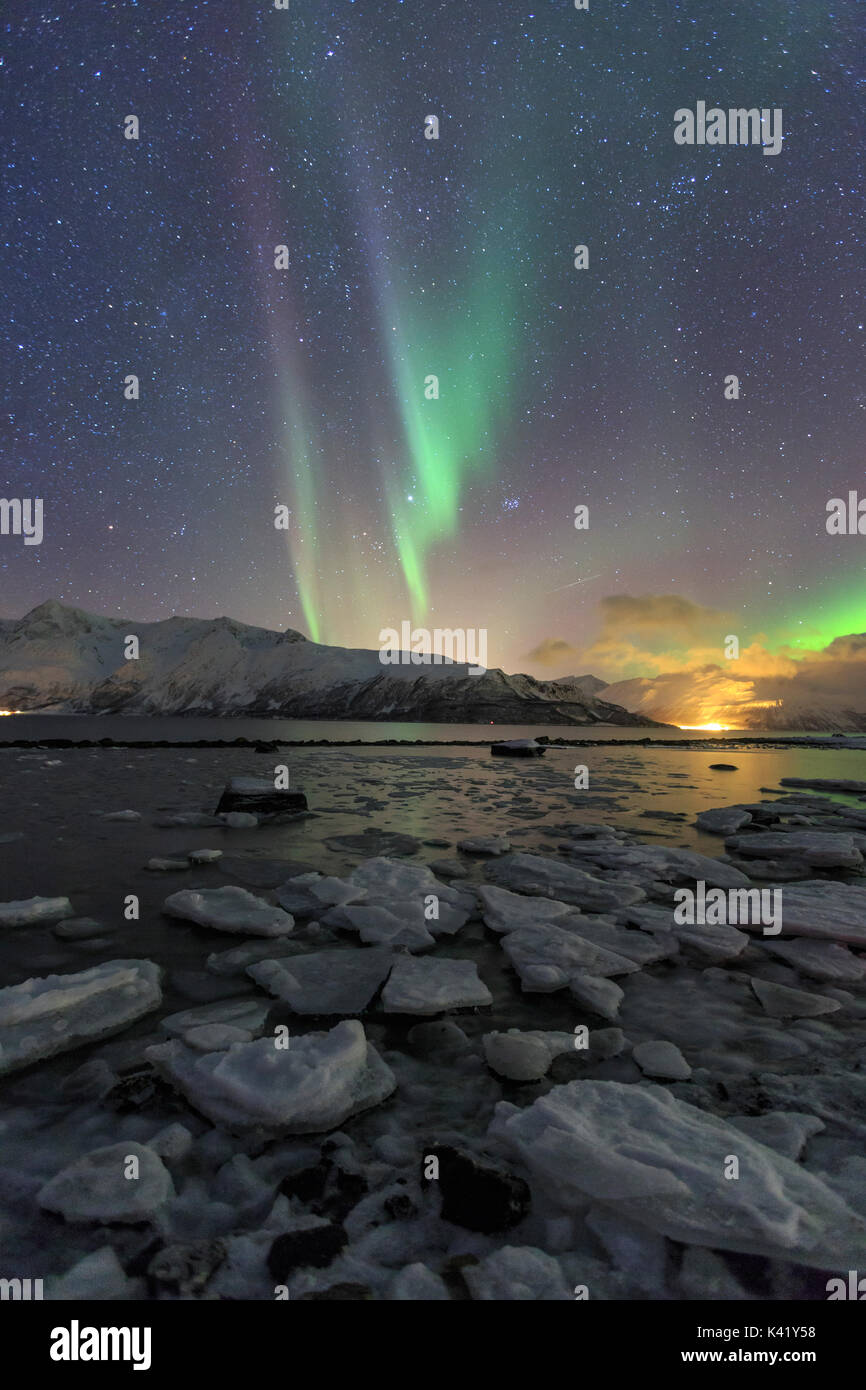 Le luci del nord si illumina il paesaggio ghiacciato in Svensby Alpi Lyngen Tromsø Lapponia Norvegia Europa Foto Stock