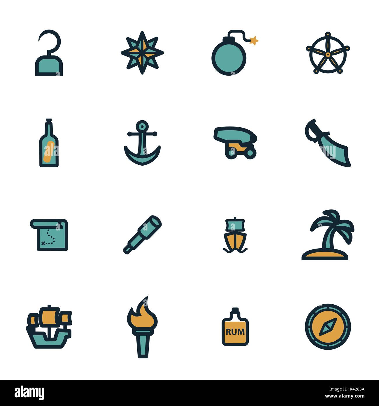 Vettore pirata piatto set di icone su sfondo bianco Illustrazione Vettoriale