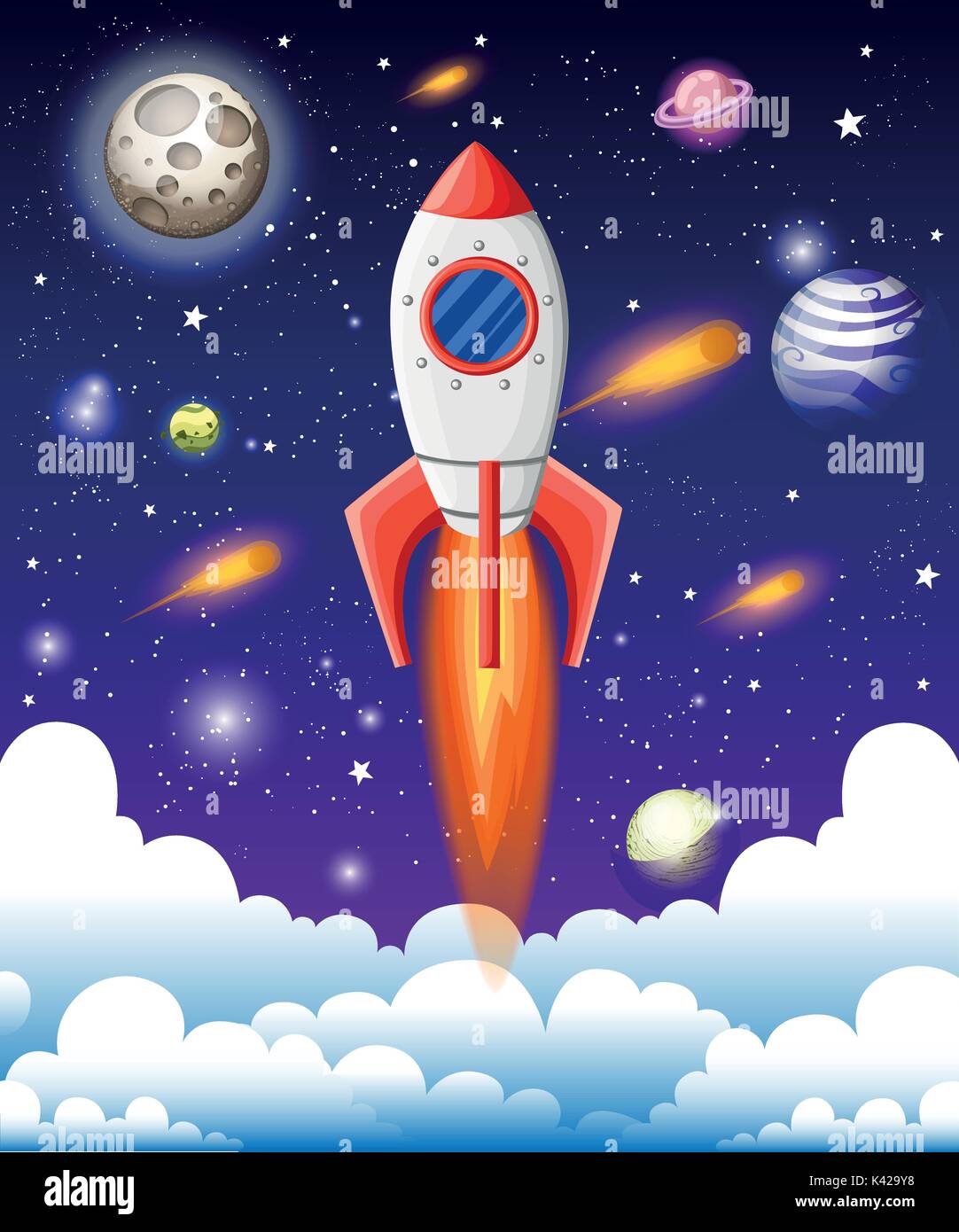 Illustrazione di vettore del libro aperto con elementi spazio - sistema solare, lo space shuttle, pianeti e stelle, Terra cometa. Il concetto di fantasia realizzato in flat sty Illustrazione Vettoriale