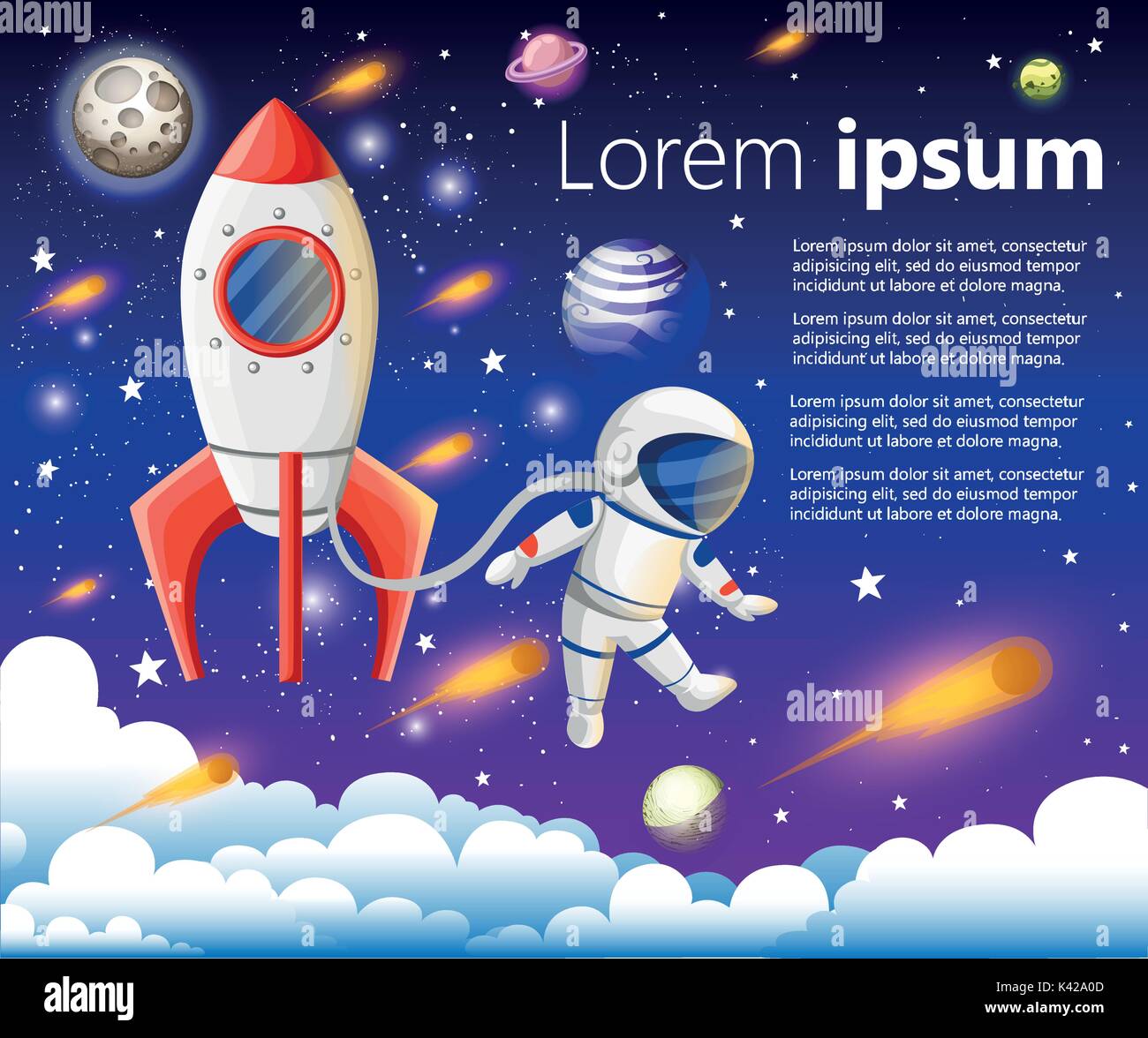 Illustrazione di vettore del libro aperto con elementi spazio - sistema solare, lo space shuttle, pianeti e stelle, Terra cometa. Il concetto di fantasia realizzato in flat sty Illustrazione Vettoriale