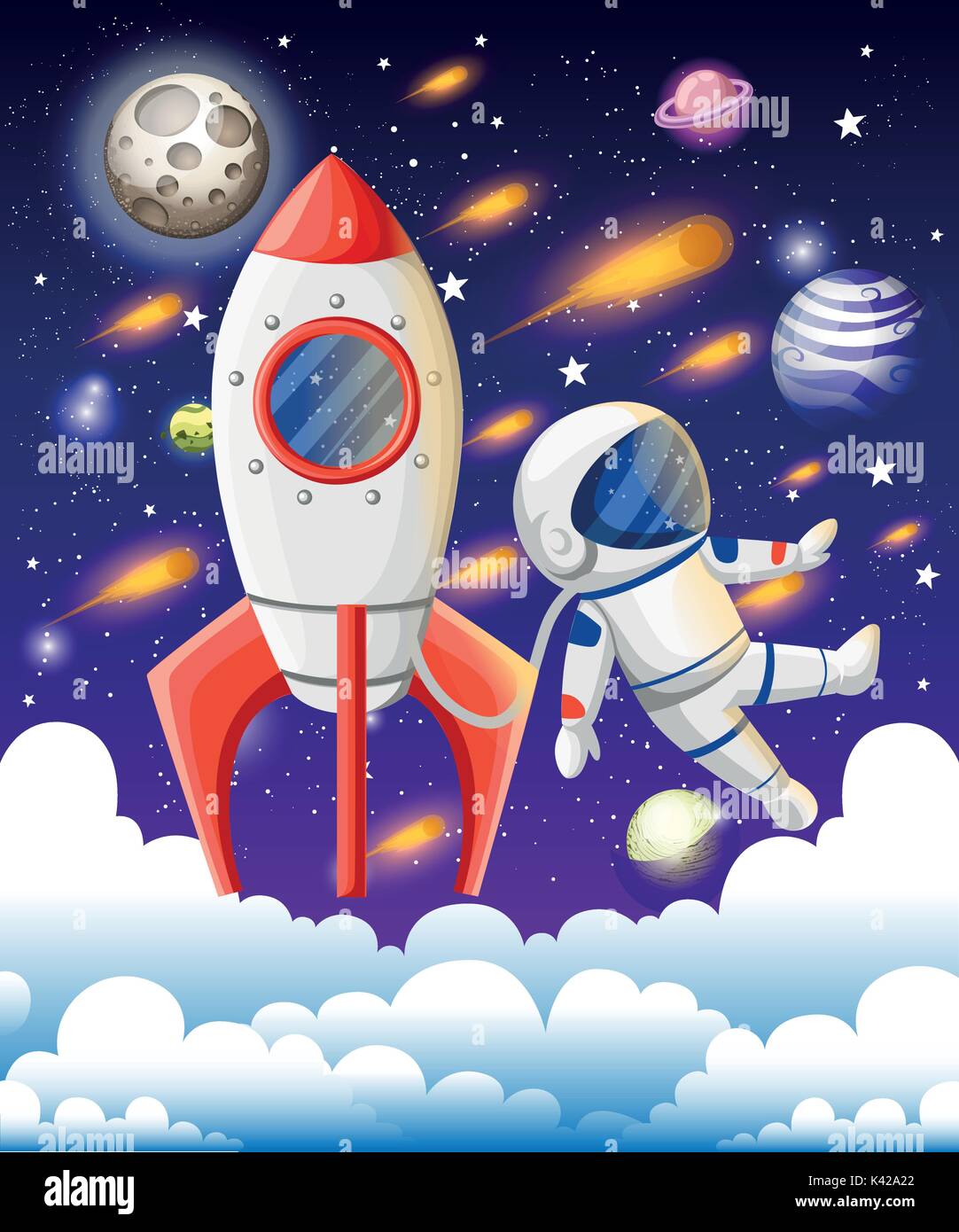 Illustrazione di vettore del libro aperto con elementi spazio - sistema solare, lo space shuttle, pianeti e stelle, Terra cometa. Il concetto di fantasia realizzato in flat sty Illustrazione Vettoriale