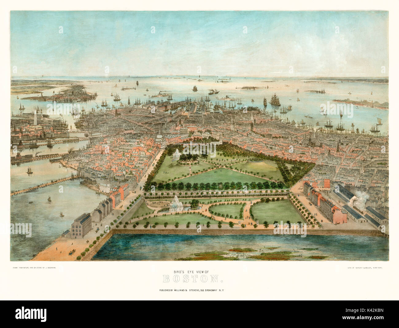 Vecchio vista aerea di Boston, Massachusetts. Creato da John Bachmann, publ. Steven & Williams, New York, 1850 Foto Stock