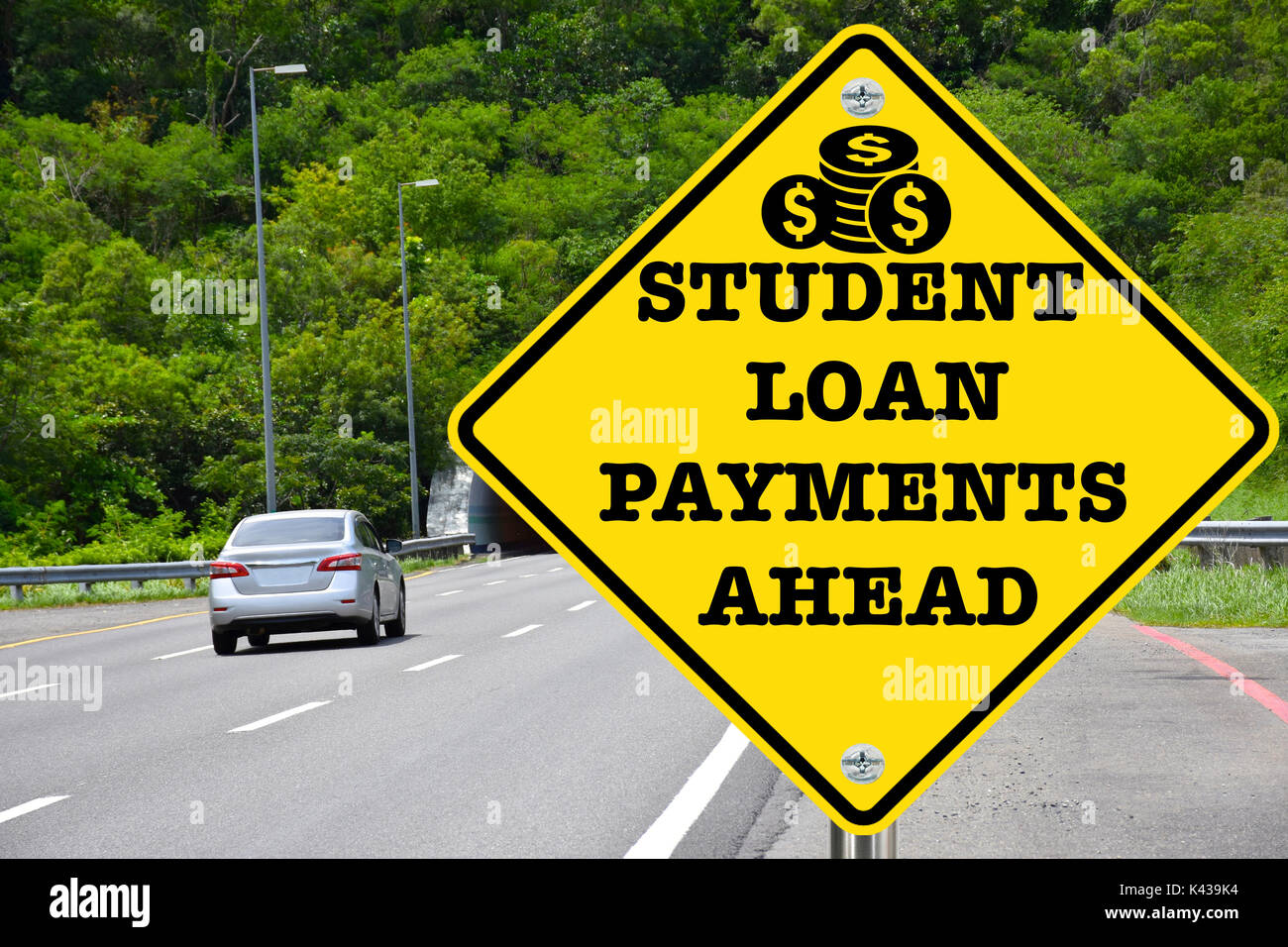 Prestito studente pagamenti in anticipo, giallo di avvertimento cartello stradale Foto Stock