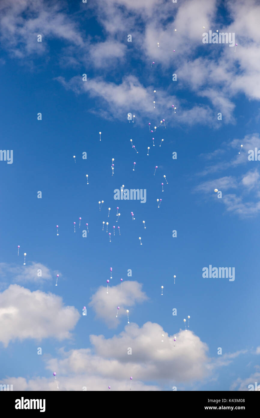 Rosa e Bianco di palloncini con cartoline volare nel cielo, Germania Foto Stock