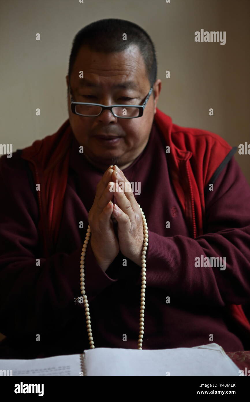 Molan Lama conduce mattina puja cerimonie di Dorje Ling centro buddista in DUMBO/aceto Hill, Brooklyn il 25 febbraio 2016. Foto Stock