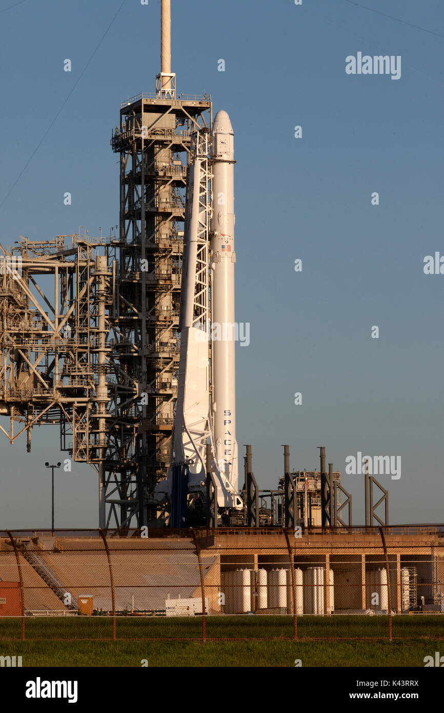 Un SpaceX Falcon 9 rucola e Dragon veicolo spaziale di rialimentazione sedersi presso il Kennedy Space Center complessi di lancio 39A in preparazione per il CRS-12 di rialimentazione commerciale di lancio della Missione alla Stazione Spaziale Internazionale Agosto 14, 2017 in Merritt Island, Florida. (Foto di Kim Shiflett via Planetpix) Foto Stock