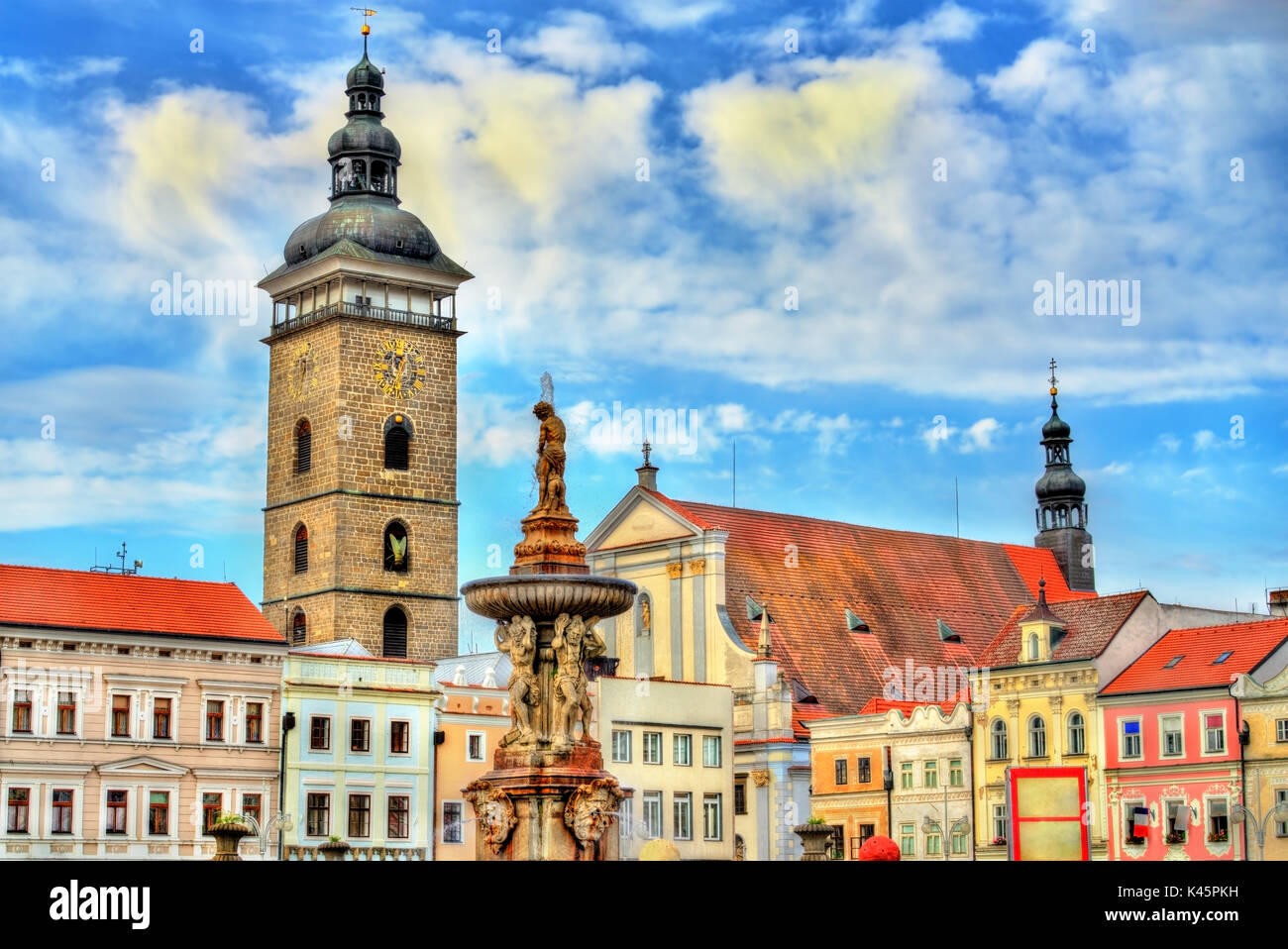 Edifici della città vecchia di Ceske Budejovice - Boemia del Sud, Repubblica Ceca. Foto Stock