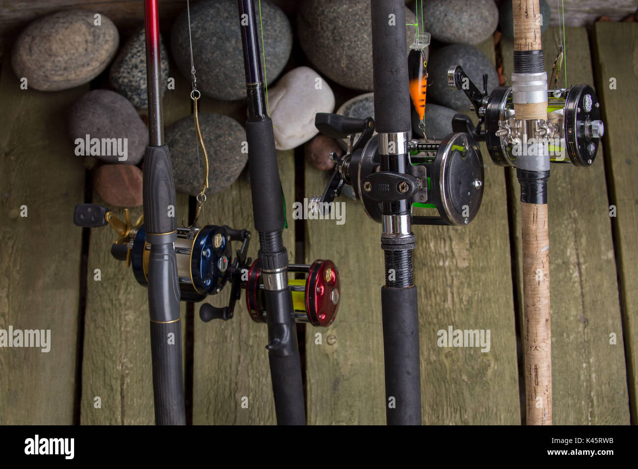 La pesca, aste e bobine Foto Stock