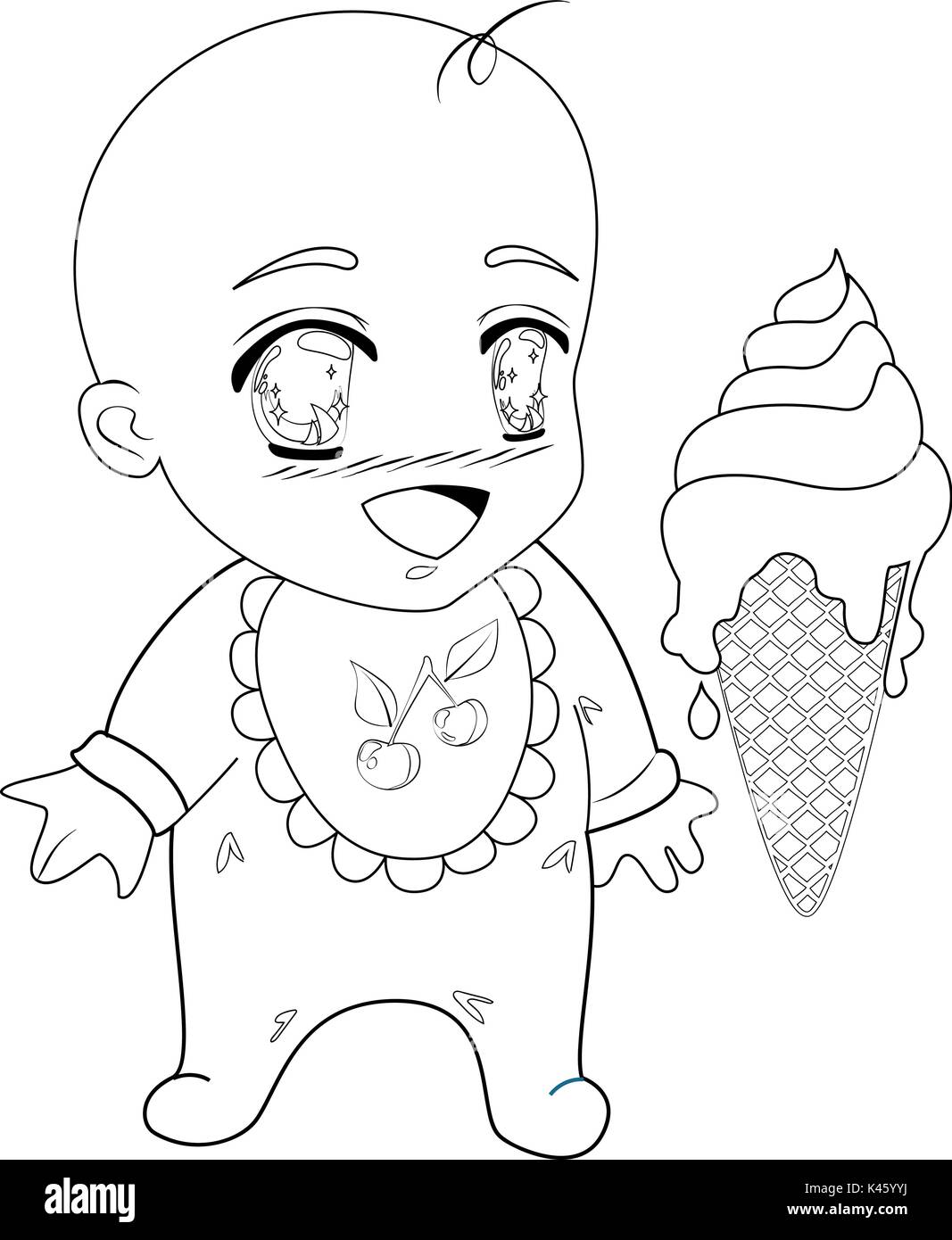Pagina di colorazione con un bimbo piccolo e un gelato. Illustrazione Vettoriale
