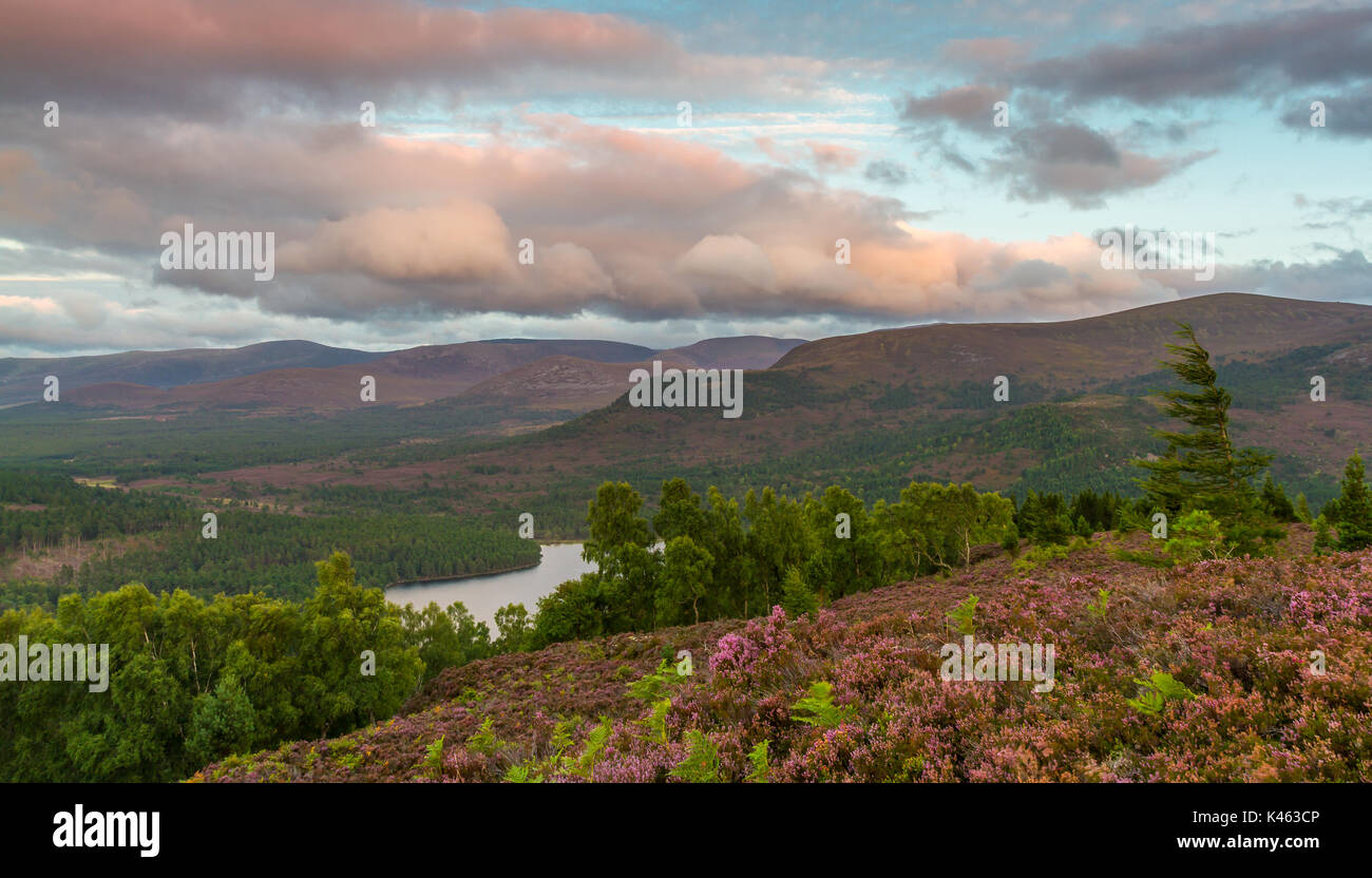La Cairngorm montagne e Loch un Eilein da Ord divieto, Rothiemurchus vicino a Aviemore Scozia, Regno Unito Foto Stock