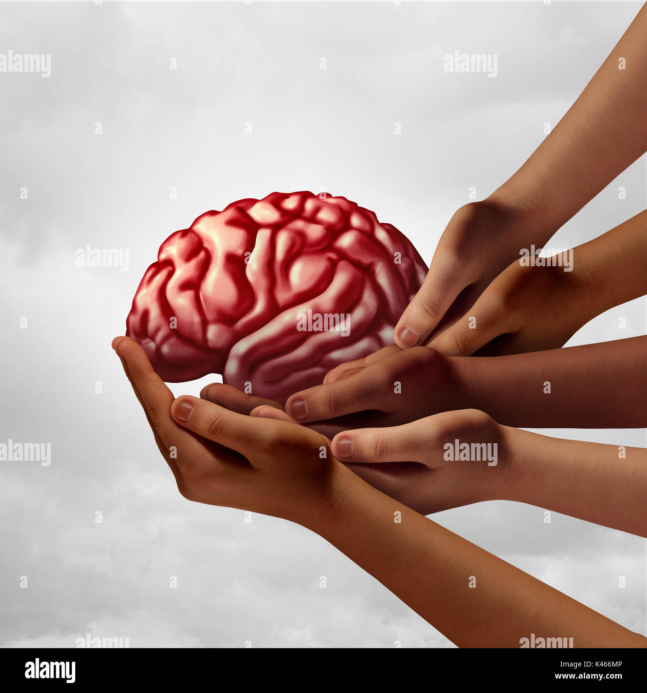 Neurologia salute cura del gruppo come diverse mani tenendo un cervello umano come un team psicologia metafora con 3D'illustrazione degli elementi. Foto Stock