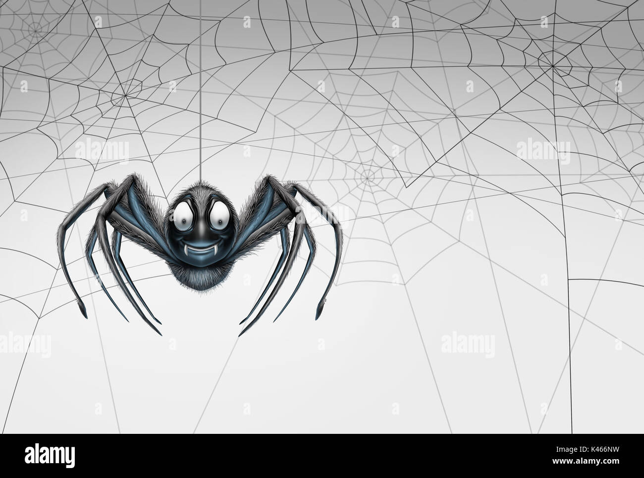 Halloween spider elemento di design background come creepy crawler insetto ragno appeso a un filo con spiderwebs su bianco. Foto Stock