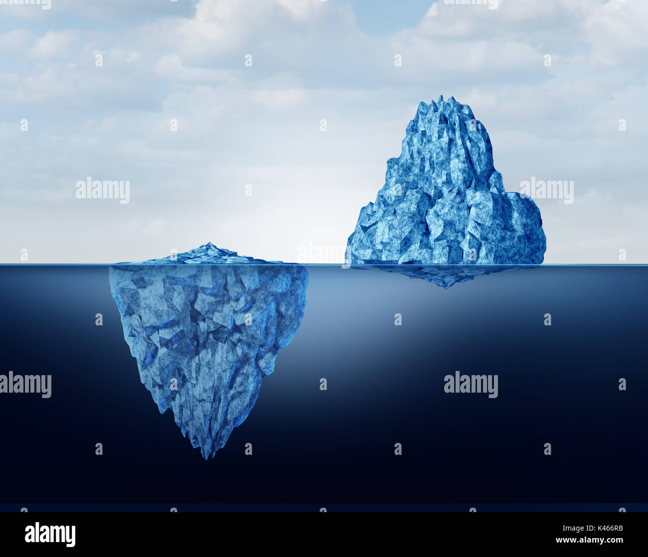 Concetto di prospettiva in un business come metafora per la comprensione e la visione di scoperta e la realtà come un grande e piccolo iceberg symbol come 3D illustra Foto Stock