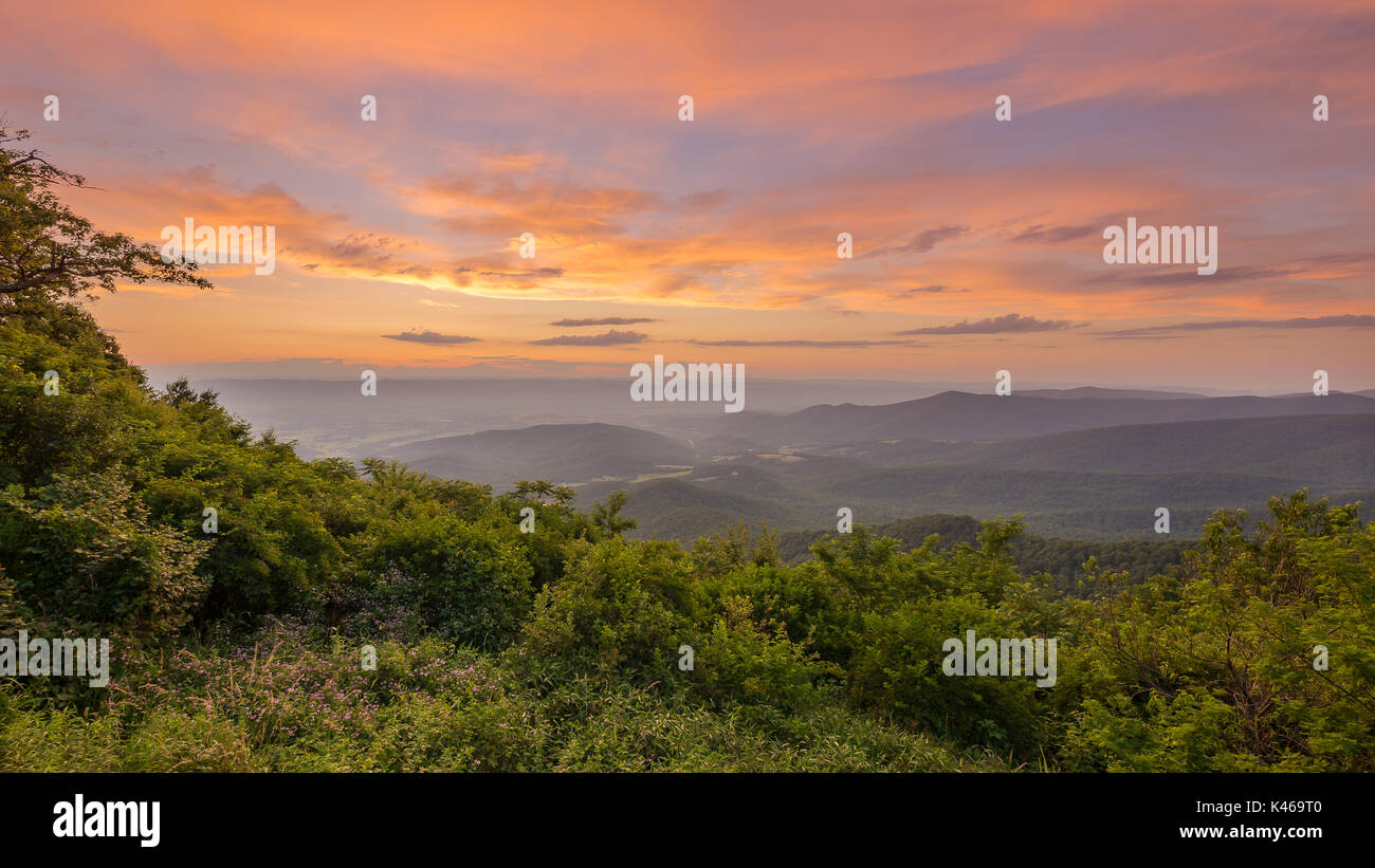 Colorato tramonto sulle colline e foreste del Parco Nazionale di Shenandoah Foto Stock