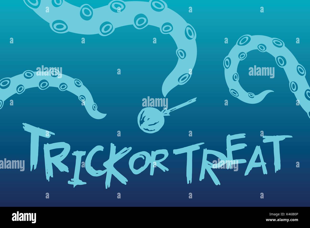 Halloween 2017 modello di sfondo impostato, kraken monster tentacoli con connettori lollipop candy concept design e Dolcetto o scherzetto illustrazione testo isolato su Illustrazione Vettoriale