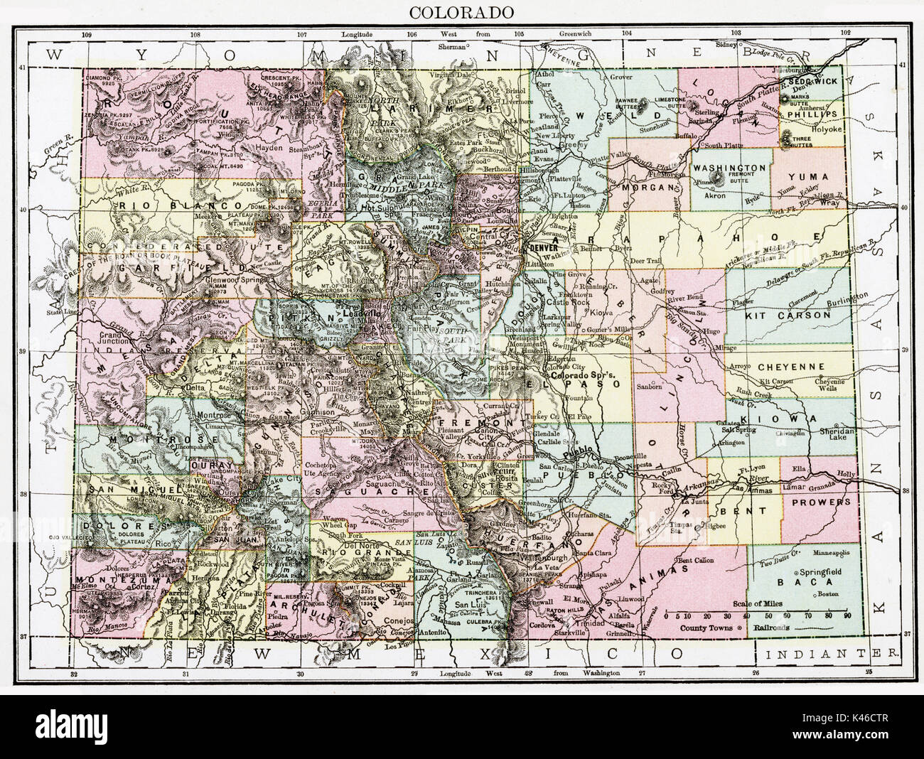 Mappa Antico, circa 1875, del Colorado Foto Stock