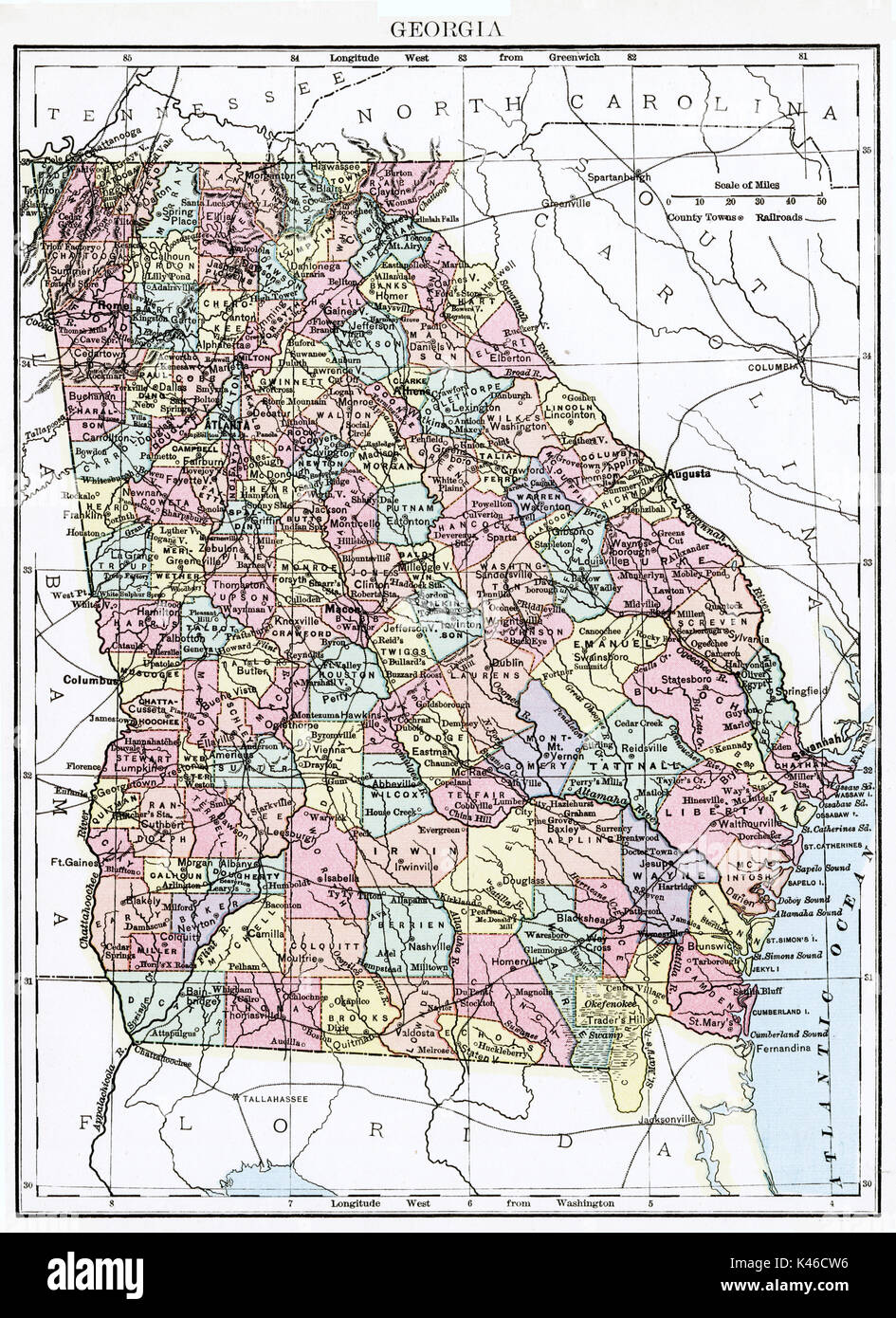 Mappa Antico, circa 1875, della Georgia Foto Stock