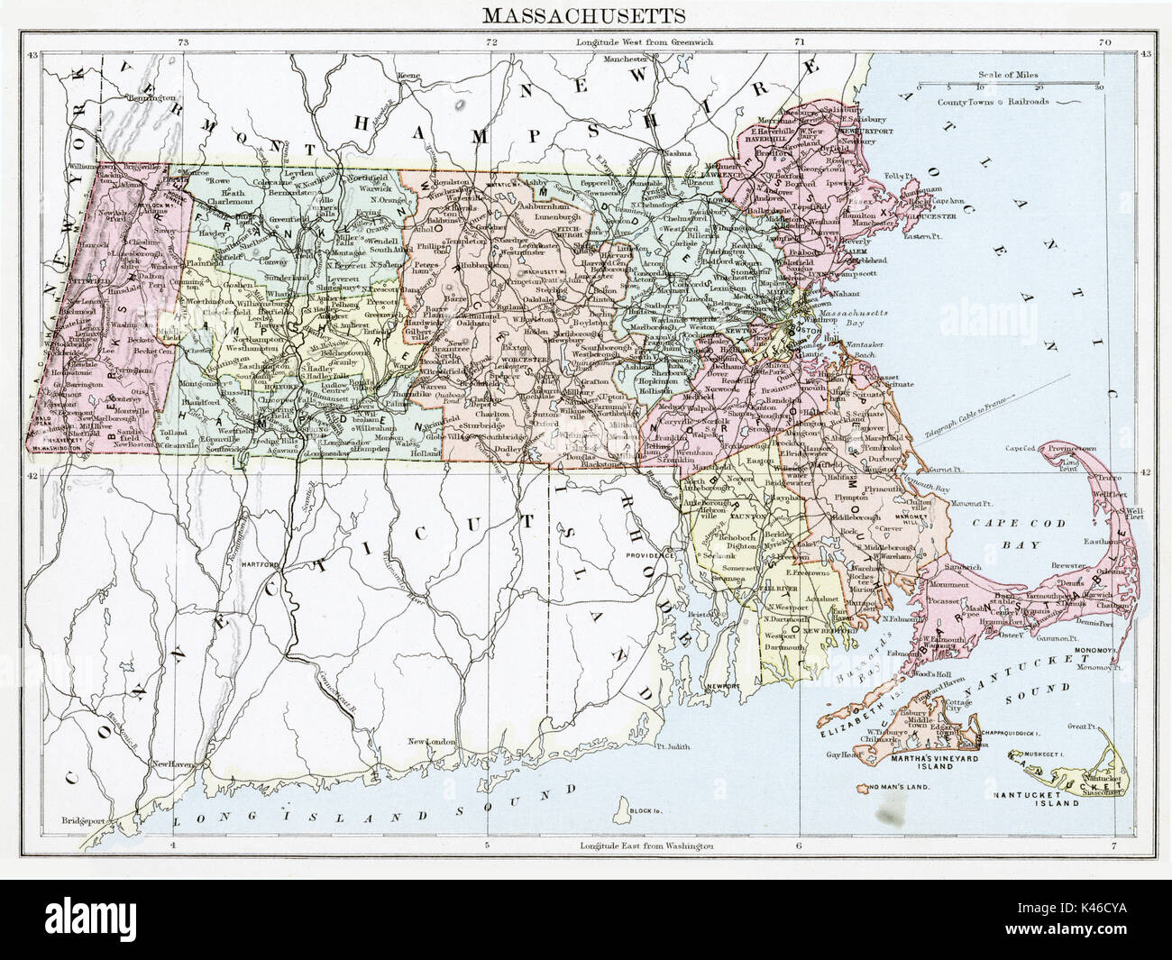 Mappa Antico, circa 1875, del Massachusetts Foto Stock