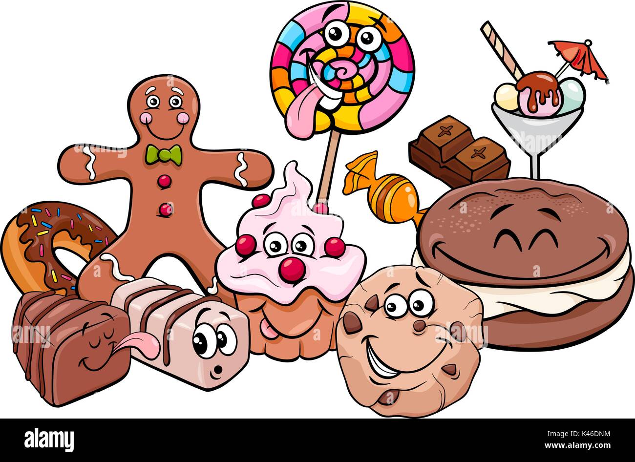 Cartoon illustrazione di Cibo dolce come torte e biscotti caratteri Illustrazione Vettoriale