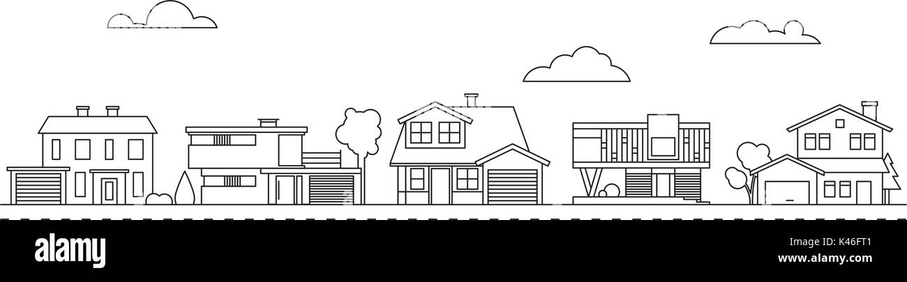 Zona suburbana line art con il classico, metà secolo e case in stile contemporaneo Illustrazione Vettoriale
