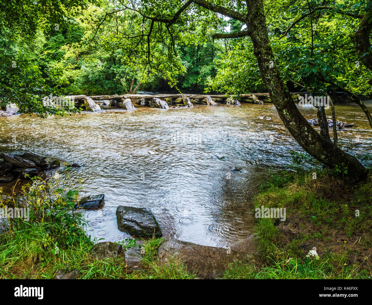 Un giorno di pioggia a Tarr passi, il famoso 17-span di monumenti medievali battaglio ponte che attraversa il fiume Barle in Exmoor, Somerset. Foto Stock