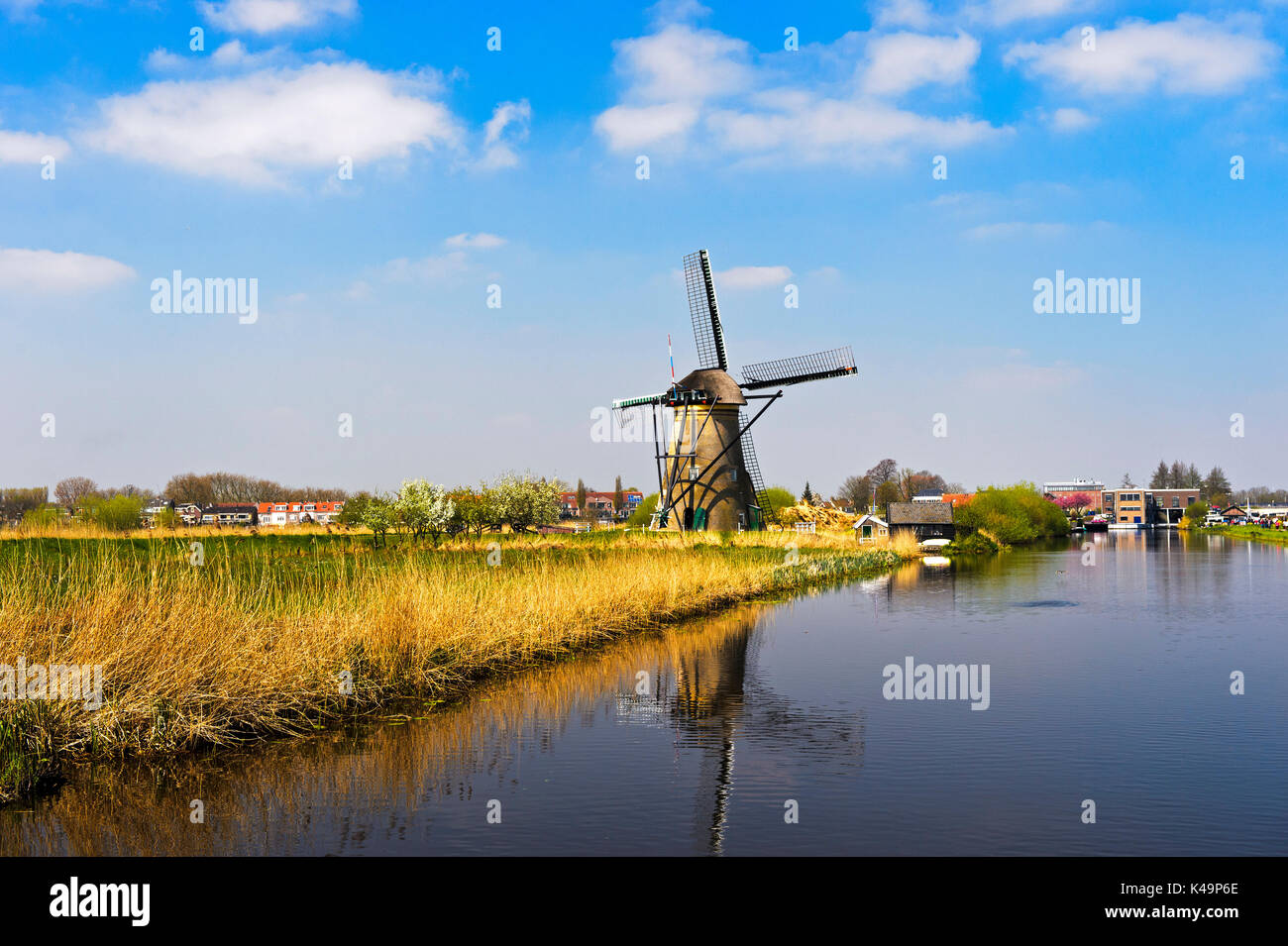 Mulino a vento olandese al canale, Kinderdijk, Paesi Bassi Foto Stock