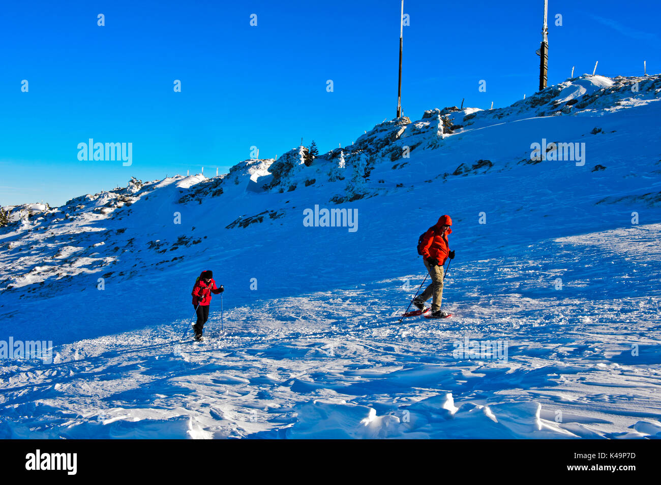 Escursioni con le racchette da neve a La Dole picco, Giura, Saint Cergue, Vaud, Svizzera Foto Stock