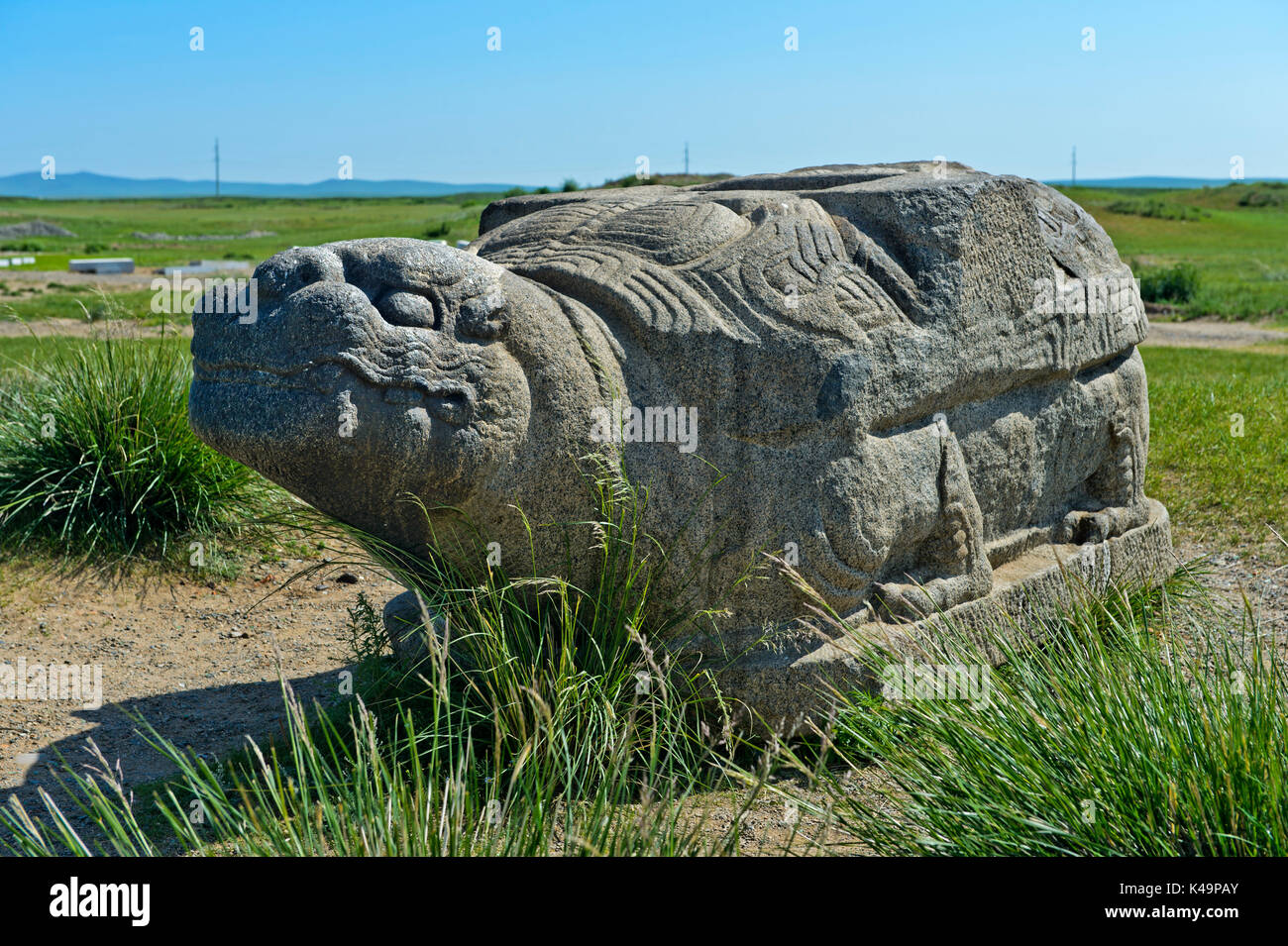 Tartaruga in pietra del monastero di Erdene Zuu Karakorum, Kharkhorin, Mongolia Foto Stock