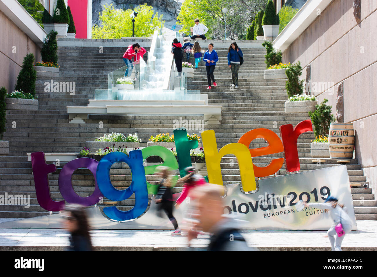 Plovdiv è stata designata capitale europea della cultura in Bulgaria per il 2019. Questo è un evento culturale per promuovere locali e di dimensioni europee. Foto Stock