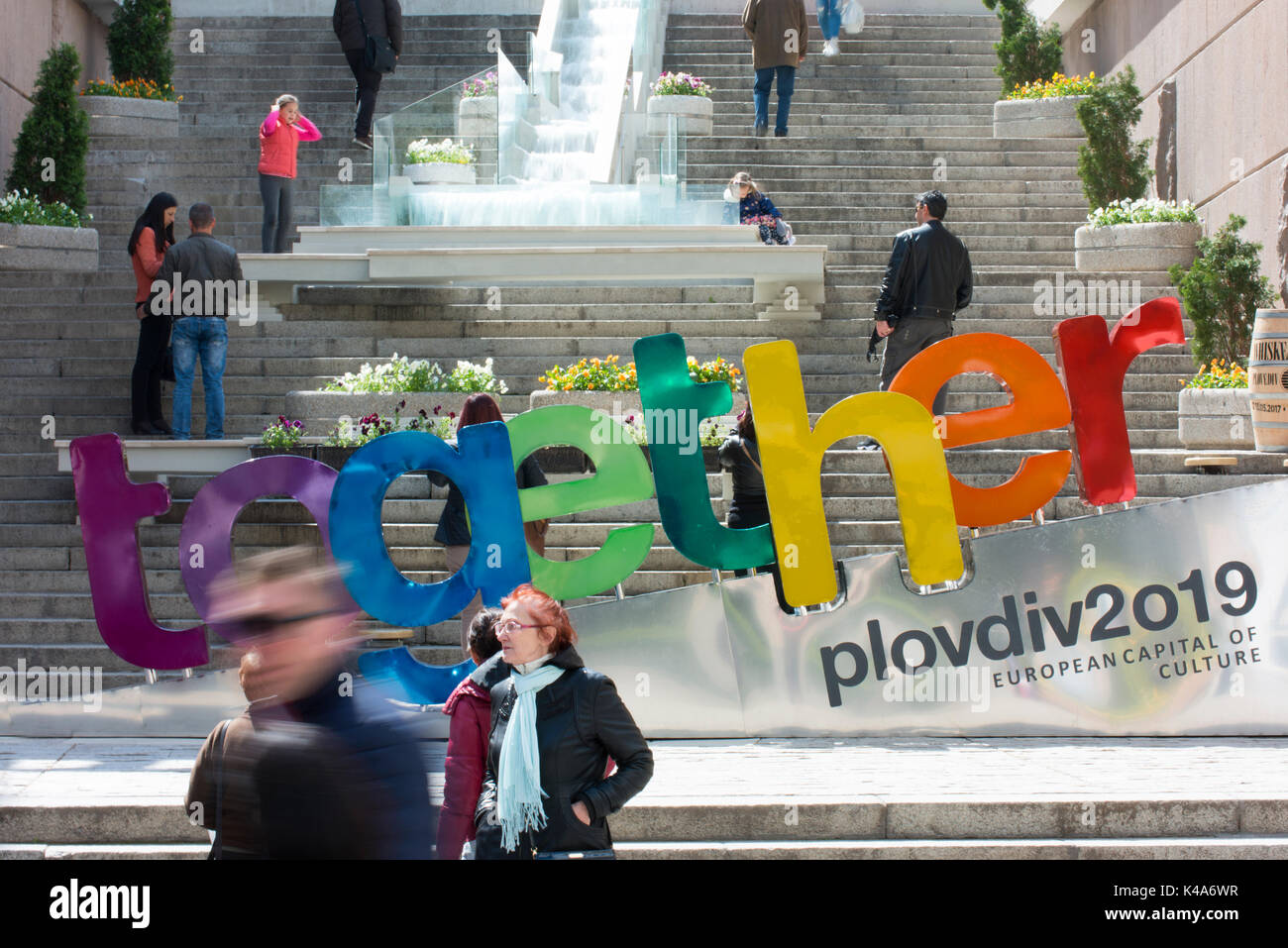Plovdiv è stata designata capitale europea della cultura in Bulgaria per il 2019. Questo è un evento culturale per promuovere locali e di dimensioni europee. Foto Stock