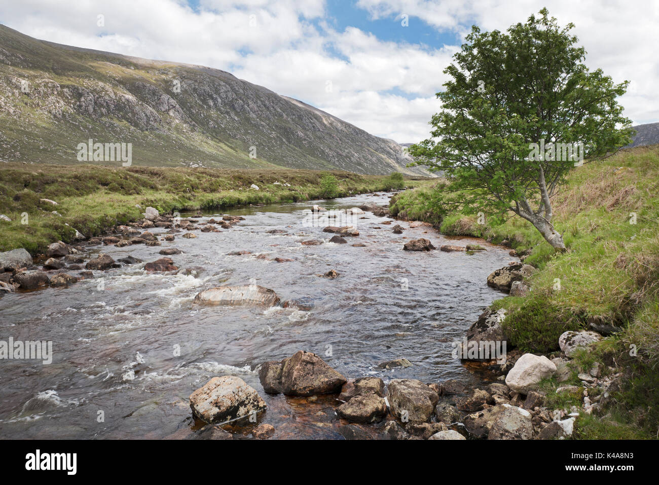 Dionard fiume che scorre attraverso Strath Dionard un salmone e trota di mare fiume sulla Gualin station wagon, Sutherland Scozia Giugno Foto Stock