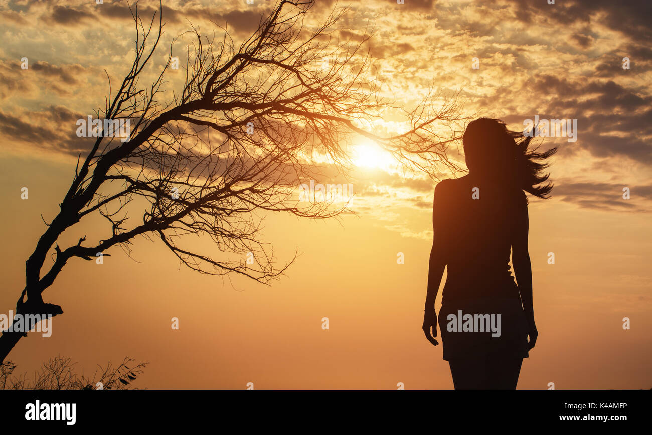 Silhouette di lonely donna in piedi sotto un albero a. Foto Stock