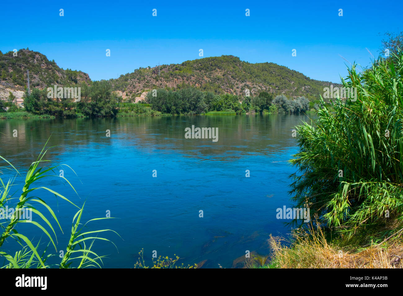 Una vista del fiume Ebro come passa attraverso Benifallet, Spagna Foto Stock