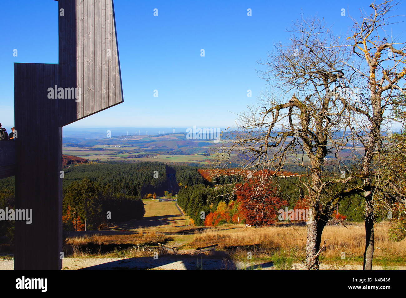 Hunsrück tra Thalfang, Haardtwald e Morbach In autunno, sulla sinistra una parte della grande scultura sonora Foto Stock