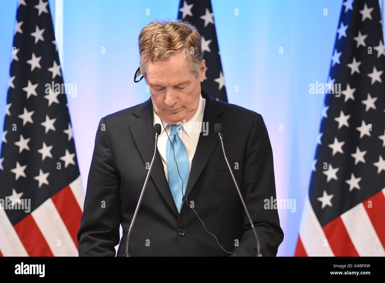 Città del Messico. 05 Sep, 2017. Rappresentante commerciale degli Stati Uniti Robert Lighthizer parla durante la conferenza stampa del NAFTA negoziati. La NAFTA (Accordo di libero scambio nordamericano) è firmato un accordo tra gli Stati Uniti e il Canada e il Messico, per creare un commercio trilaterale blocco fra i 3 paesi in America del Nord. Città del Messico il 05 settembre 2017. Credito: SOPA Immagini limitata/Alamy Live News Foto Stock