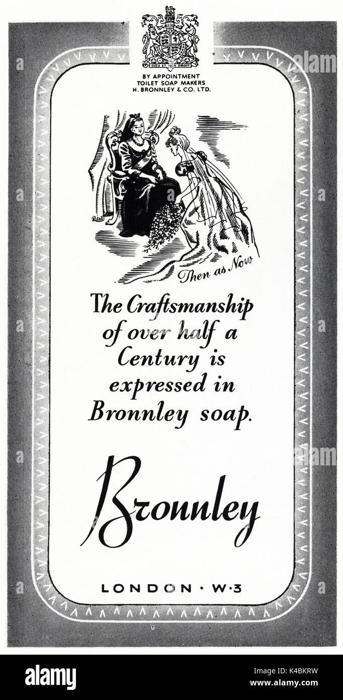 1940s vecchio vintage originale pubblicità pubblicità Bronnley di Londra creatori di sapone da Royal appuntamento nel magazine circa 1947 quando i materiali di consumo sono state ancora limitato sotto post-razionamento di guerra Foto Stock