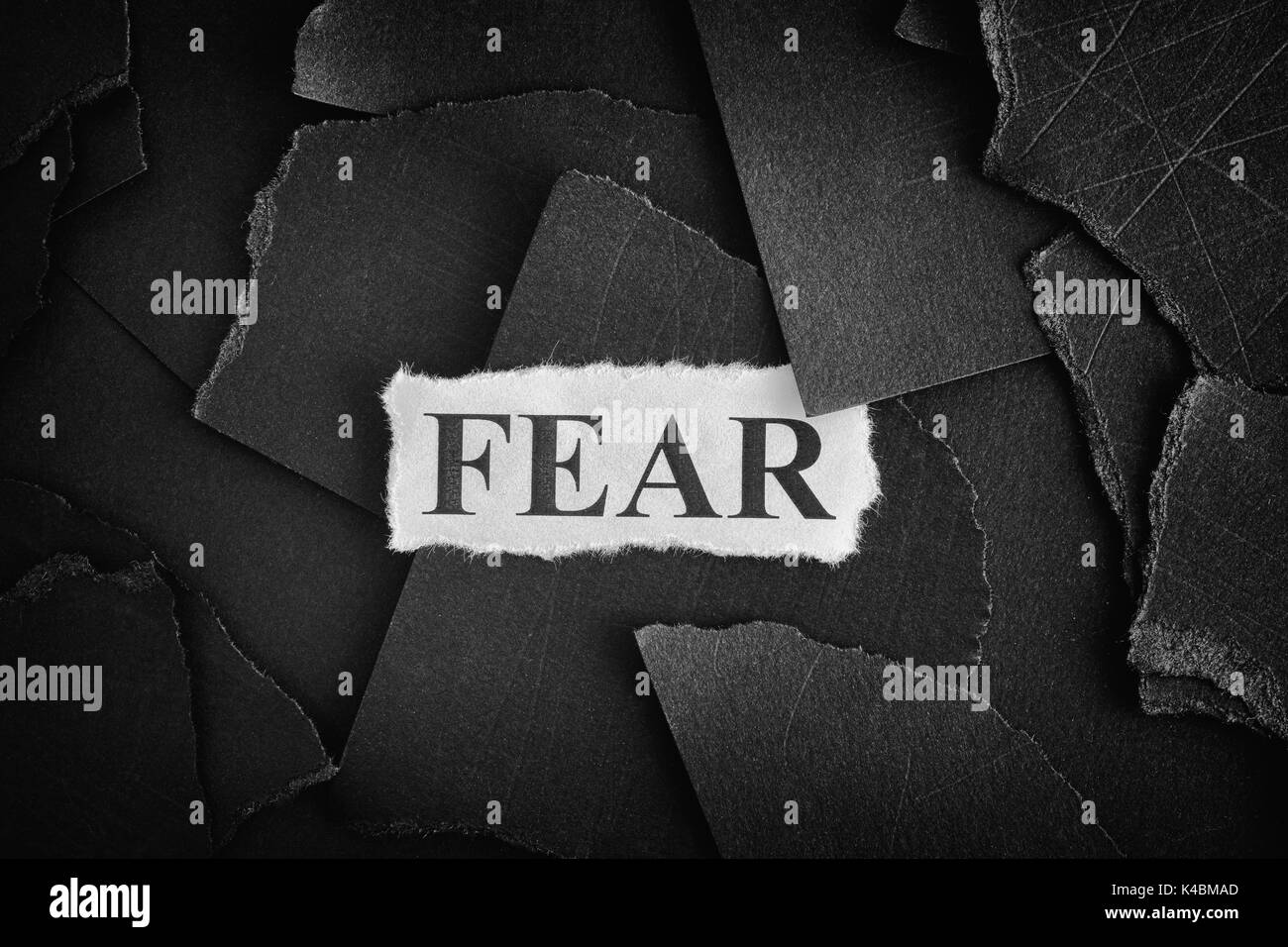 La paura. Frammenti di carta nera e la parola paura. Concetto di immagine. In bianco e nero. Primo piano. Foto Stock