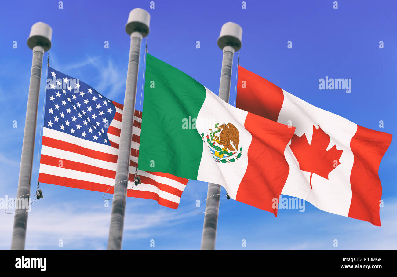 Canada, Messico e USA Flags over blue sky, immagine concettuale per l' accordo NAFTA (immagine 3D rappresentata) Foto Stock