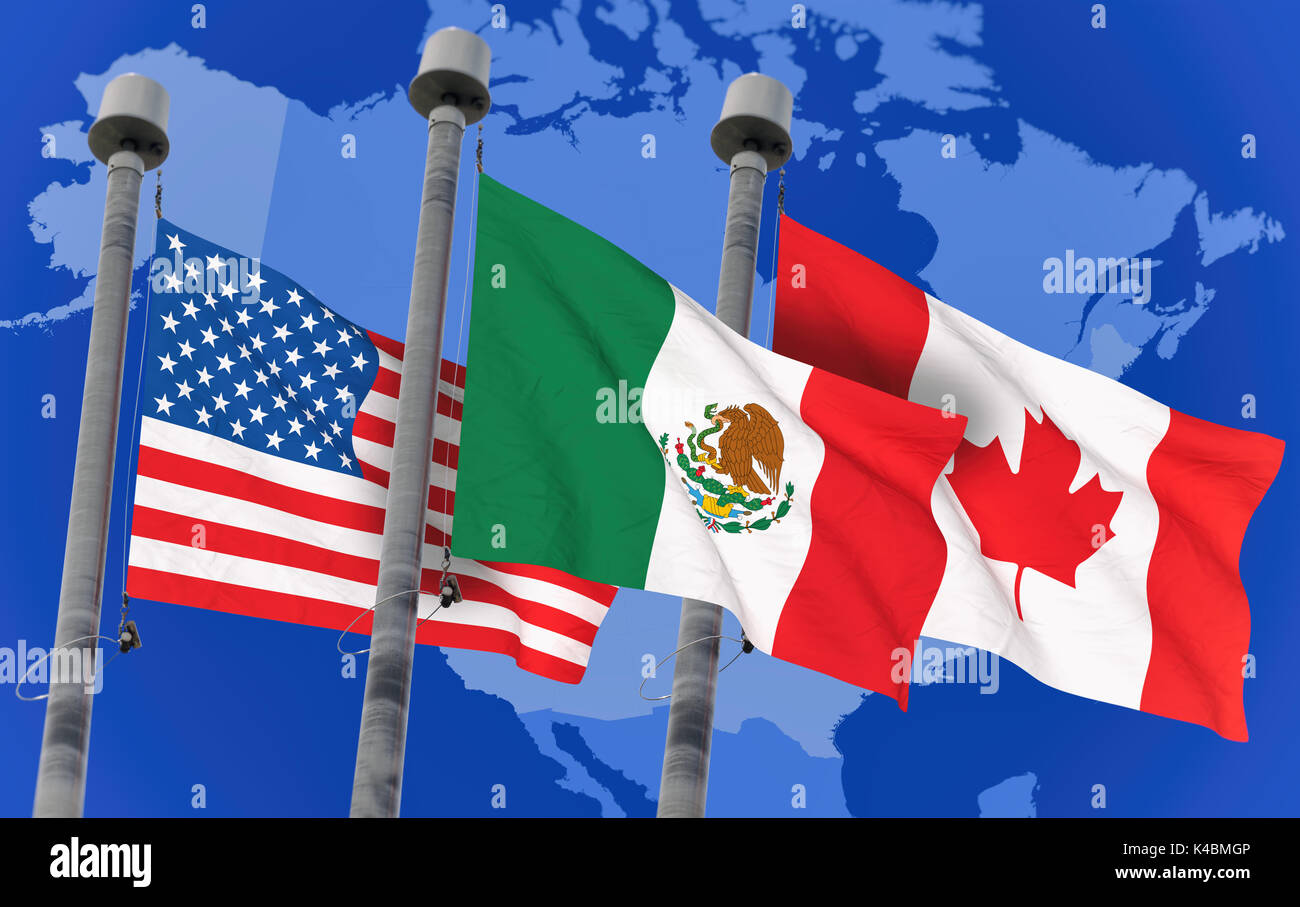Canada, Messico e USA bandiere su mappa del nord america, immagine concettuale per l' accordo NAFTA (immagine 3D rappresentata) Foto Stock