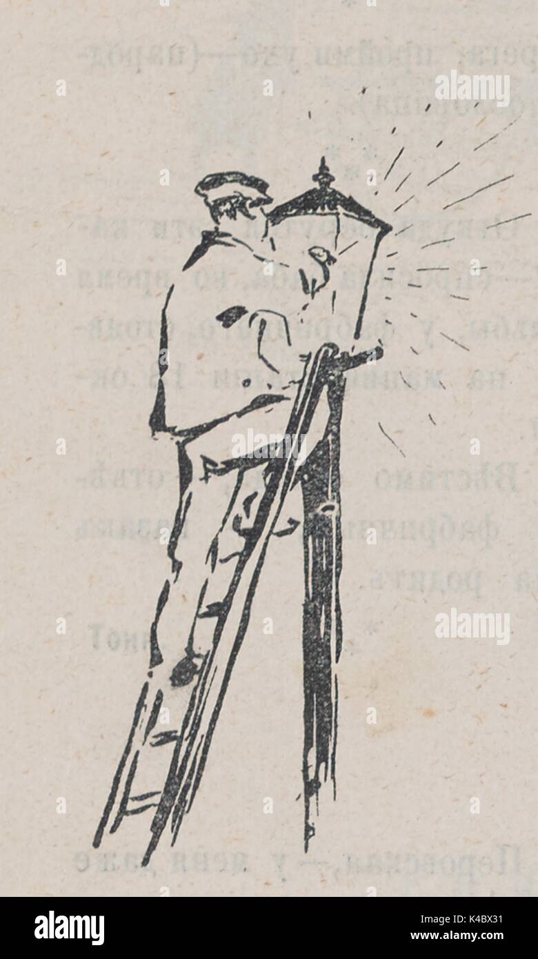 Cartoon di una illuminazione lamplighter un gas lampione, dal russo giornale satirico Fonar, 1905. Foto Stock