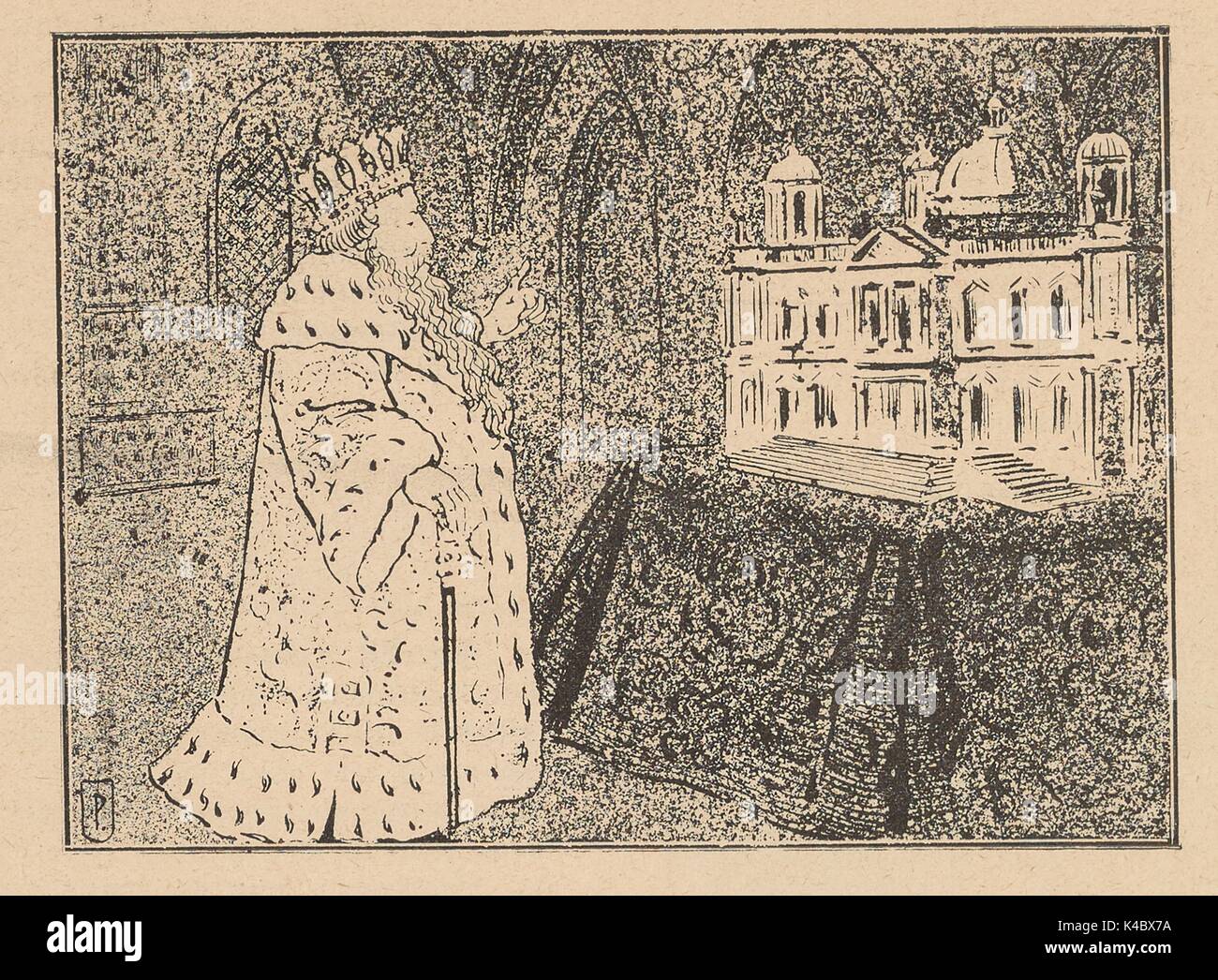 Cartoon di un re indossa una corona e piena di accappatoi, puntando verso un modello di edificio, dal russo giornale satirico Bomby, 1905. Foto Stock
