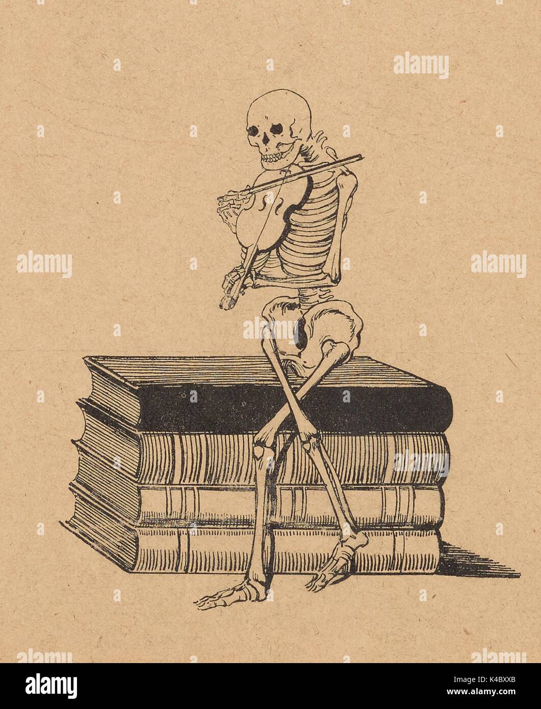Cartoon illustrazione di uno scheletro di suonare il violino mentre è seduto su una pila di libri, dal russo giornale satirico Bich, 1906. Foto Stock