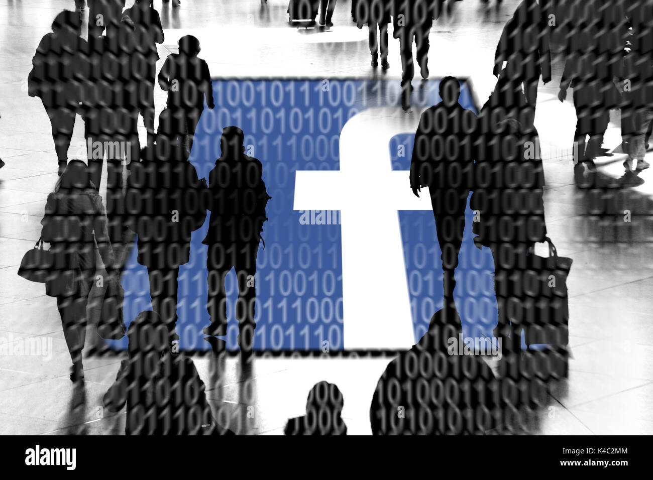 Facebook Firma con silhouette di persone e codice binario Foto Stock