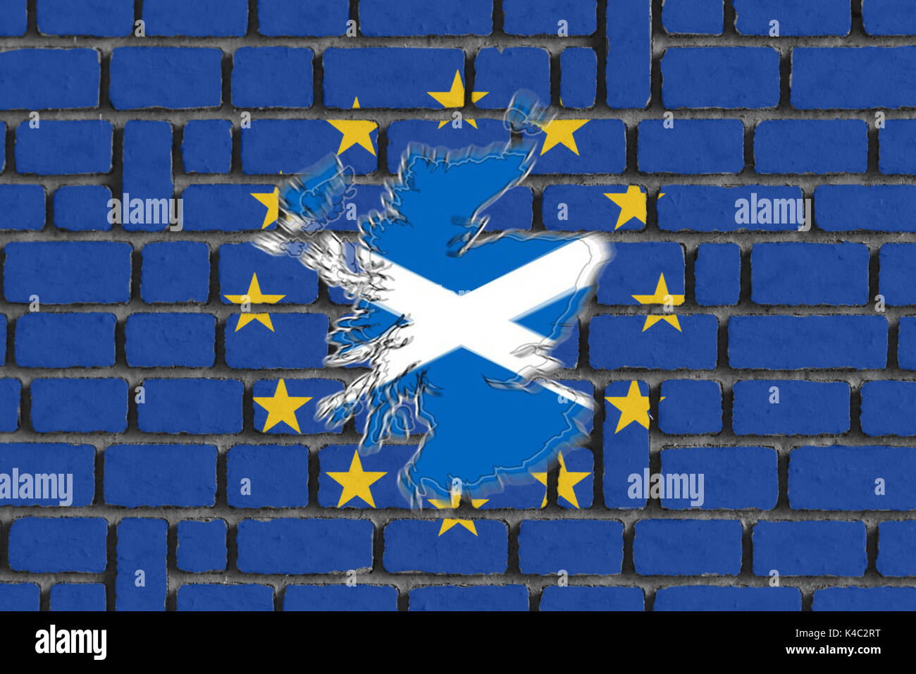 Silhouette della Scozia con bandiera e muro dell'Unione europea Foto Stock