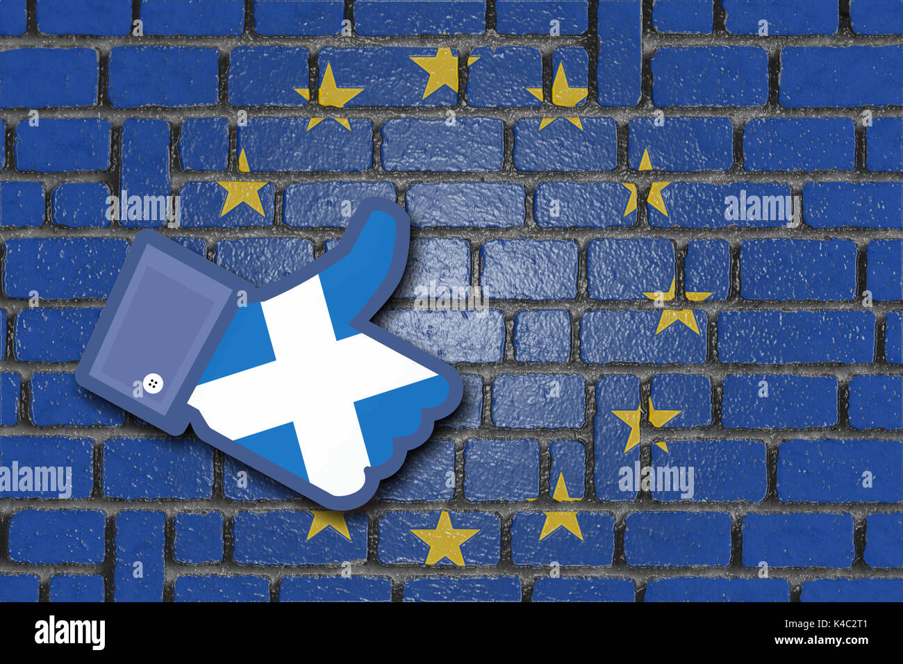 Parete con la bandiera dell'UE Unione europea e Facebook come icona con la bandiera della Scozia Foto Stock